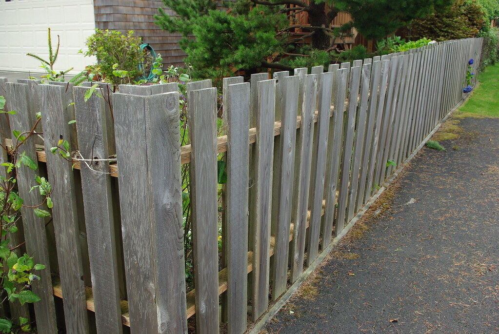 Weathered wood picket fence showing sun-grayed boards along a walkway, shown as a style example of the wear that leads to fence repair
